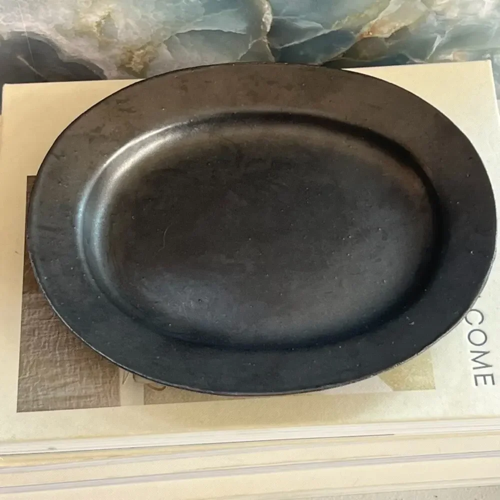 Black Clay Trinket Dish Tray Plate With Raised Edges 8.5 in Unique Marked